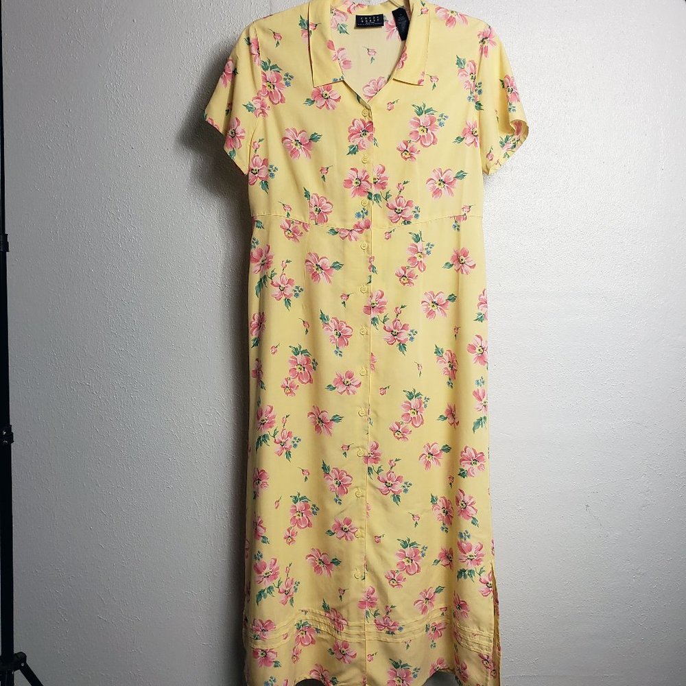 Crazy Horse By Liz Claiborne Women's Yellow Pink Floral Button Down Maxi Dress